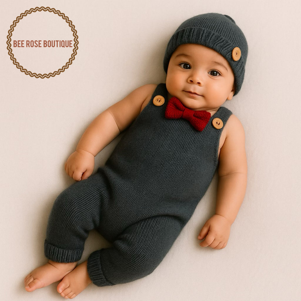 Knitted Bow Tie Romper Set