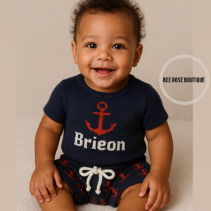 Personalized Knit Anchor Onesie & Shorts Set