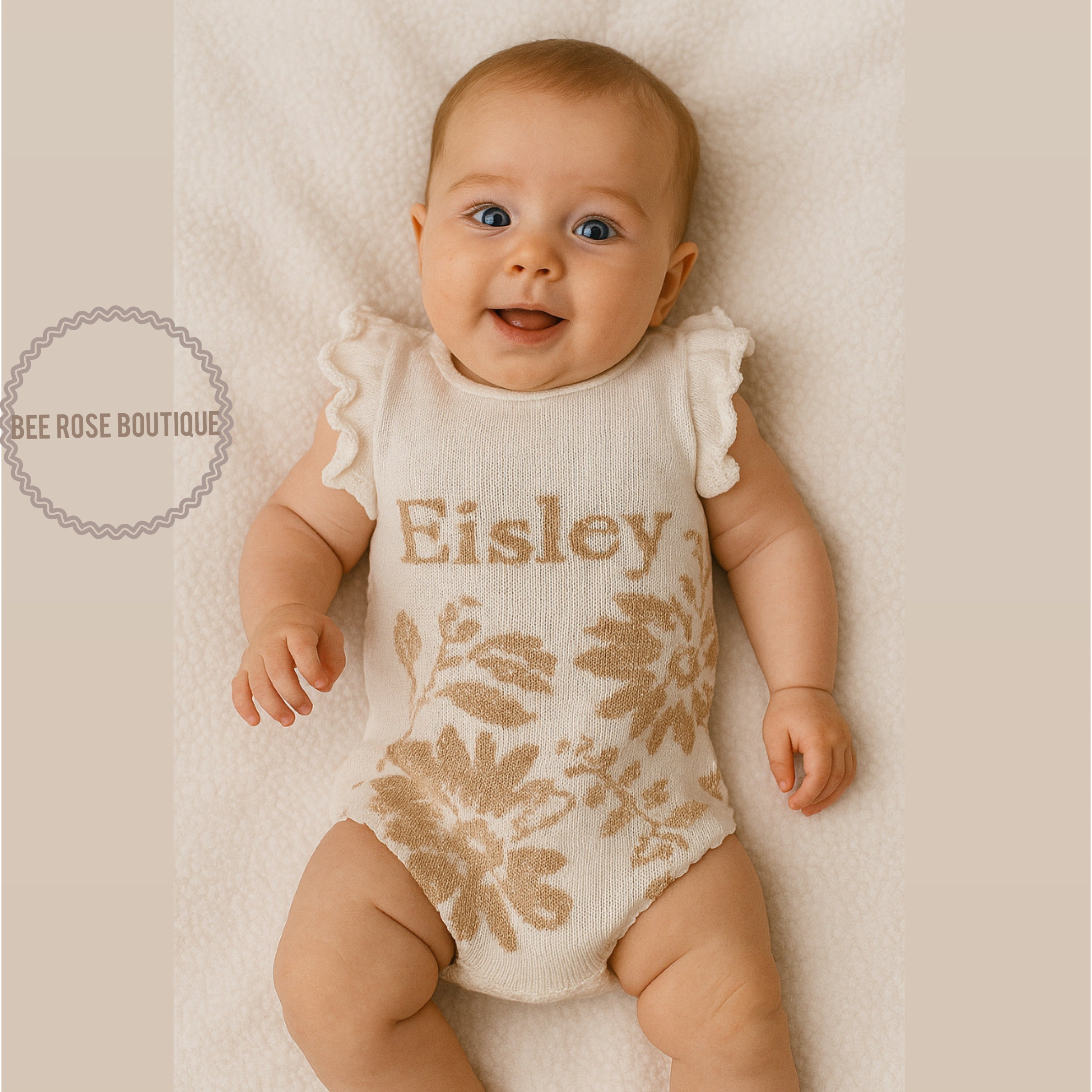 Girls Custom Knit Flower Onesie - Ruffle Sleeves