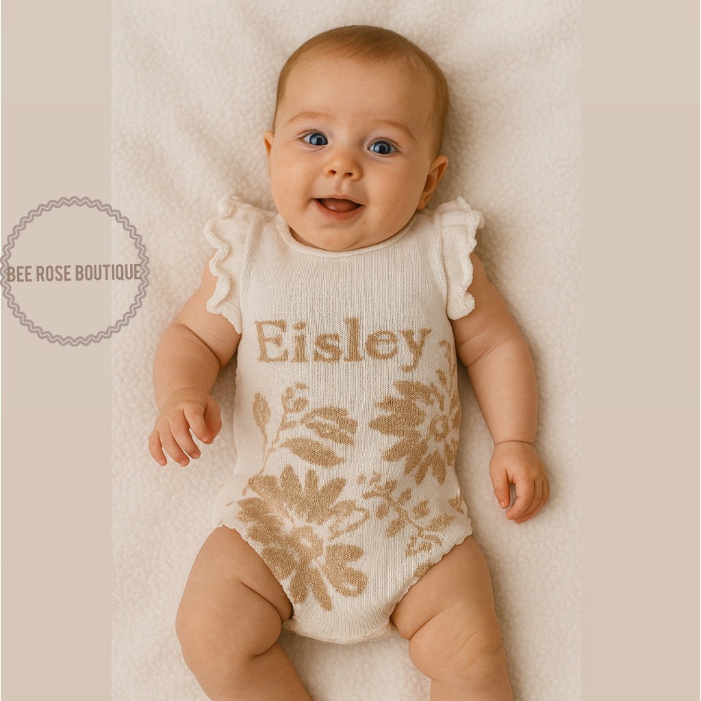 Girls Custom Knit Flower Onesie - Ruffle Sleeves